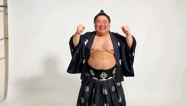 Sumo wrestler posing confidently in traditional attire on white background