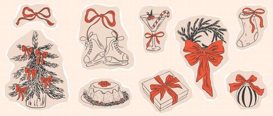 Cut out scrapbook Christmas paper stickers set. Retro vintage new year party. Vector torn craft paper shapes with funky texture, scrapbook doodle new year decor with whimsical bow and ribbons. 