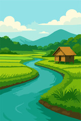 river view with rice fields and huts