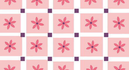 A repeating pattern of pink flowers on a light pink background with purple squares