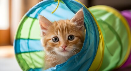 Cute orange tabby kitten peering out of a blue and green play tunnel toy.