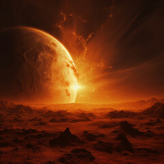 Epic sci-fi scene of a glowing red planet rising over a rocky alien desert with fiery cosmic light, atmospheric dust. Perfect for game art, movie posters, book covers, space illustrations futuristic.