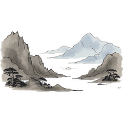 Landscape with rocky mountains and white clouds in the sky. Traditional oriental ink painting sumi-e, u-sin, go-hua