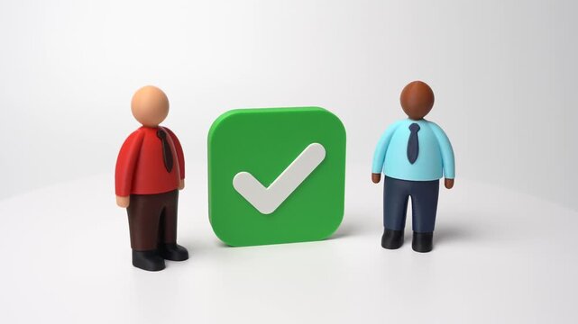 Two office workers near a huge checkbox. Agreement and consent. Conclude a contract. Collaboration, corporate responsibility, and digital confirmation processes in business management.