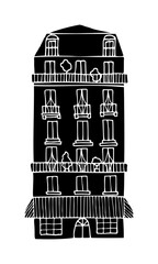 Silhouette of Parisian city house vector hand drawn illustration. Symbol of Paris. Vintage drawing painted by black inks for icon, logo or design.