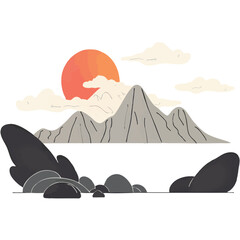 Landscape with rocky mountains and white clouds in the sky. Traditional oriental ink painting sumi-e, u-sin, go-hua