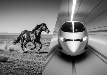 Galloping horse in desert juxtaposed with high-speed futuristic train in tunnel. Contrast of nature versus technology and speed comparison concept.