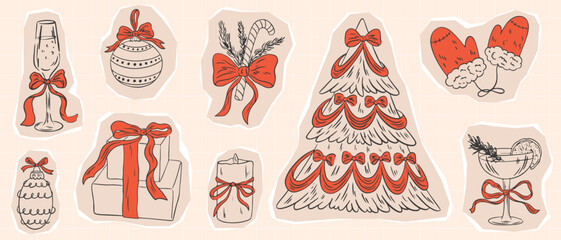 Cut out scrapbook Christmas stickers set. Retro vintage collage new year elegant paper decor kit with whimsical bow and ribbons. Vector torn craft paper shapes with funky texture for design collages