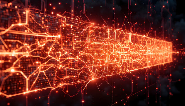 Abstract visualization of a glowing orange digital network or circuit board, representing data flow and connectivity in a futuristic technological concept