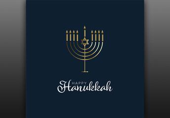 Happy Hanukkah Menorah with Star of David - Gold on Dark Blue Card Template