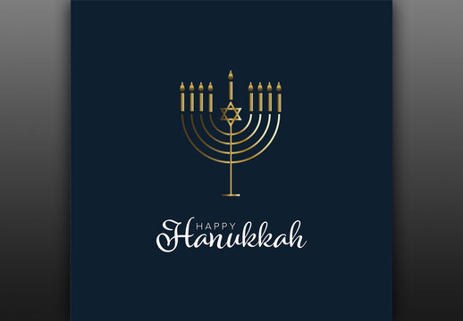 Happy Hanukkah Menorah with Star of David - Gold on Dark Blue Card Template