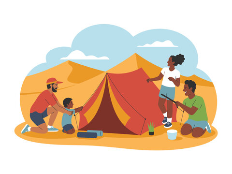 A family works together to set up a tent while camping in a desert landscape.