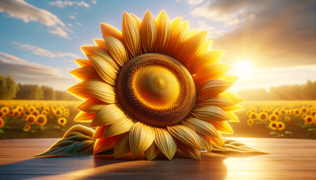 Sunflower head on rustic wooden table at sunset, bright yellow petals and field in background, ideal optimistic nature hero image for eco branding, packaging and summer ads.