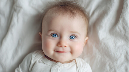 A serene close-up portrait of a baby with beautiful blue eyes and a delightful smile, capturing the essence of innocence