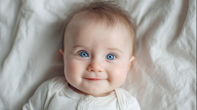 A serene close-up portrait of a baby with beautiful blue eyes and a delightful smile, capturing the essence of innocence