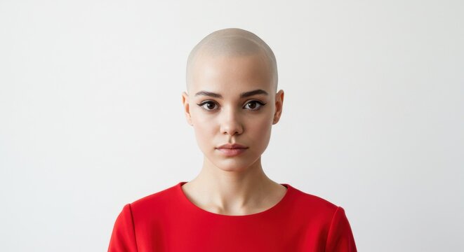 Portrait of a beautiful bald woman in a red dress isolated on white background
