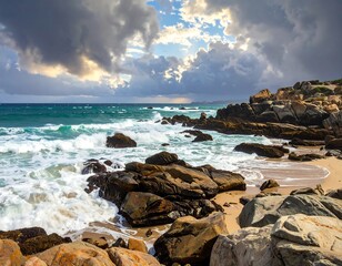 Coastal scene shows crashing waves on a rocky shore, under a dramatic, stormy sky. Sunlight pierces the clouds