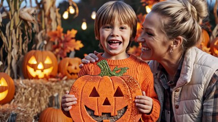 Mother and Child Holding Pumpkin Decoration at Festive Halloween Event - Powered by Adobe