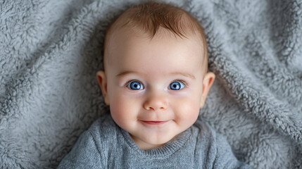 A cute baby with bright blue eyes smiles contentedly, gazing directly at the viewer