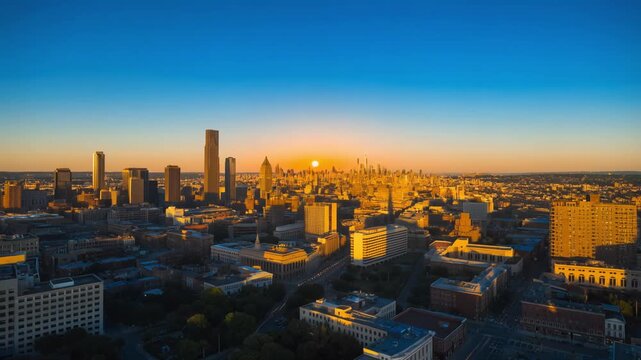 A stunning sunset casts bright colors over the city skyline, highlighting buildings and streets as the evening descends. The calm atmosphere complements the vibrant hues