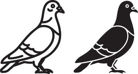 Pigeon vector icon set: black and white outline and solid silhouette design of a common urban bird, simple graphic illustration for print isolated on white background, Vector, illustration