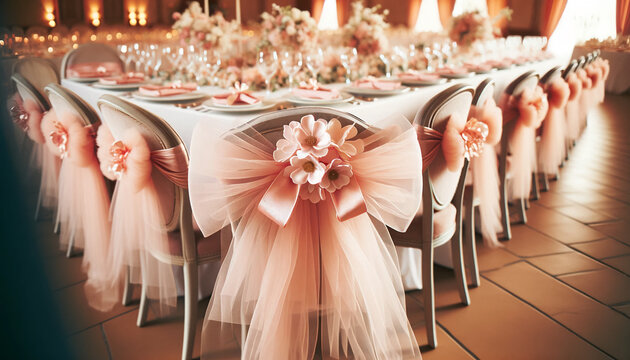 Luxury peach wedding reception decor with floral chair sashes, round banquet tables and lush centerpieces, elegant pastel event styling perfect for invitations, branding and social media.