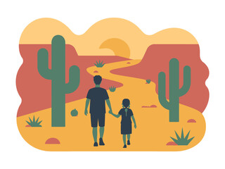 Father and daughter walk hand-in-hand down a desert path with cacti.