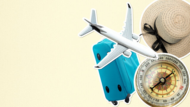 Airplane, a suitcase, a straw hat, and a compass on a cream background. Copy space. Concept of travel and adventure - Powered by Adobe