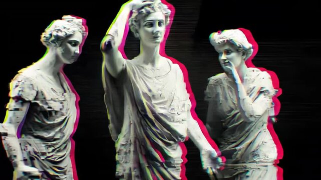 Ancient Greek Statues and Sculptures: Timeless Art in Monochrome 3D Effect with Retro Style Pop Art Influence