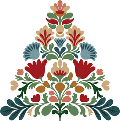 Vector illustration of a Christmas tree motif in folk style on a white background. Decorative festive symbol perfect for holiday cards, prints, patterns, crafts, and seasonal design projects.