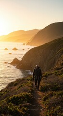 Hiker walking along the big sur coastline trail at sunset with beautiful scenery