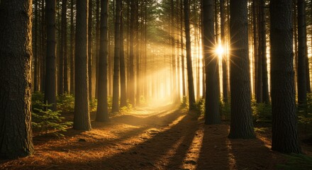 Sunlight shining through the trees in a forest creating a beautiful landscape