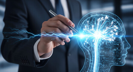 Businessman Activates Digital Brain with Pen