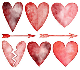 A soft watercolor collection of expressive hearts and arrows painted in warm romantic tones.
