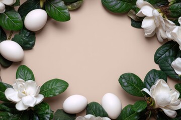 Eggs and white flowers frame a beige space surrounded by green leaves, Easter-themed