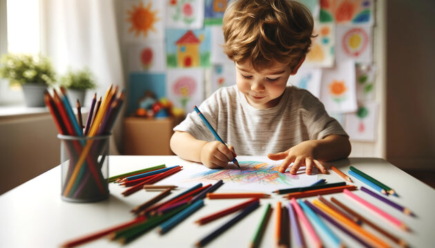 Adorable curly haired preschool boy drawing with colored pencils at white desk in bright playroom, perfect education, kids art, homeschooling and kindergarten promo banner. KnowledgeForAll