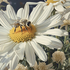 Macro image of a honeybee collecting nectar on a white daisy flower with soft natural lighting and detailed petals. Eco branding, nature posters, botanical prints, education, magazines, packaging.
