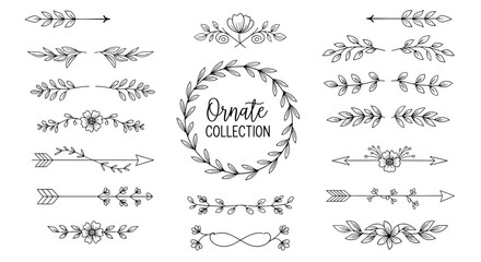 Collection of ornate floral dividers and wreaths for design.