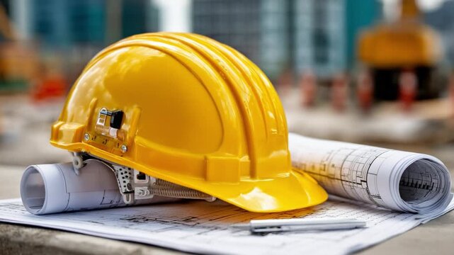 Engineering Blueprint: A close-up shot presents a yellow construction helmet resting on architectural blueprints, showcasing tools of the trade and the core of design and construction.