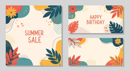 Summer sale and happy birthday card design with floral elements.