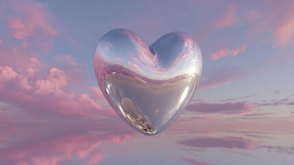 A gleaming, metallic heart floats gently against a backdrop of a pastel sky filled with fluffy clouds