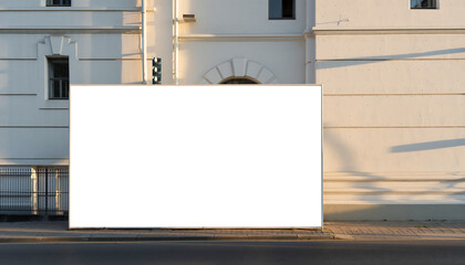large blank white horizontal billboard mockup against classic building facade at sunset