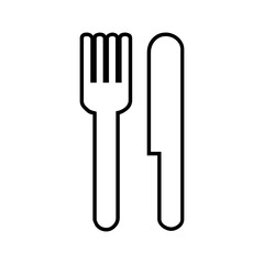 A simple black and white line drawing of a fork and a knife isolated on a white background icon style