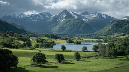 Expansive green meadow with a tranquil lake reflecting surrounding mountains under a clear sky, scenic landscape with lush grass and distant peaks in natural sunlight