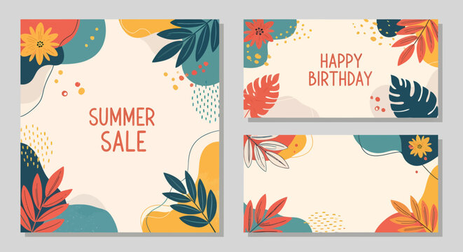 Summer sale and happy birthday card design with floral elements.