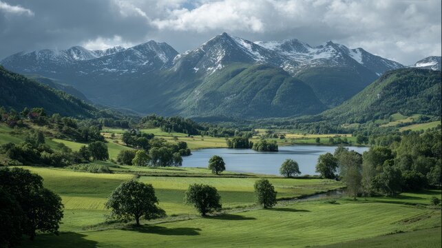 Expansive green meadow with a tranquil lake reflecting surrounding mountains under a clear sky, scenic landscape with lush grass and distant peaks in natural sunlight