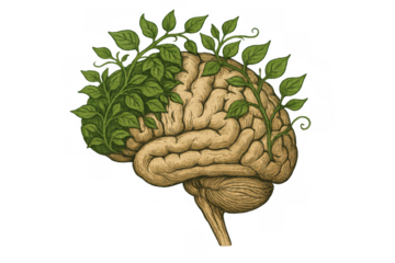 Human brain growing green leaves and vines, symbolizing mental health, well-being, growth, and nature's connection, transparent background