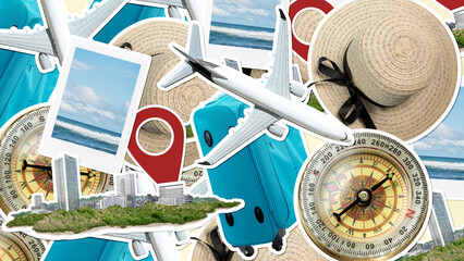 Airplane, suitcase, compass, straw hat, location pin, instant picture, and cityscape for travel background. Concept of travel, adventure, tourism, or vacation