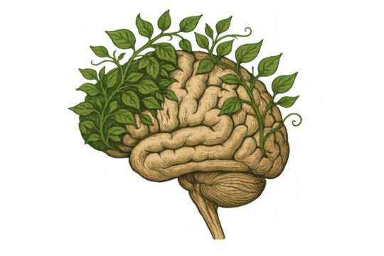 Human brain growing green leaves and vines, symbolizing mental health, well-being, growth, and nature's connection, transparent background