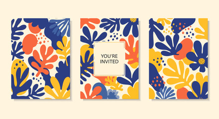 Colorful abstract floral invitation card design set.
